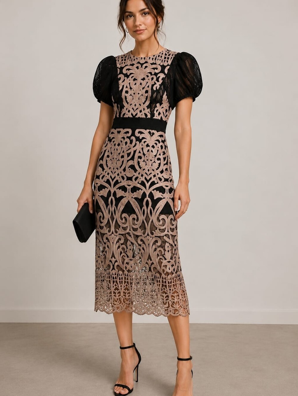 foxiedox Black and Nude Lace Midi Dress with Puff Sleeves
